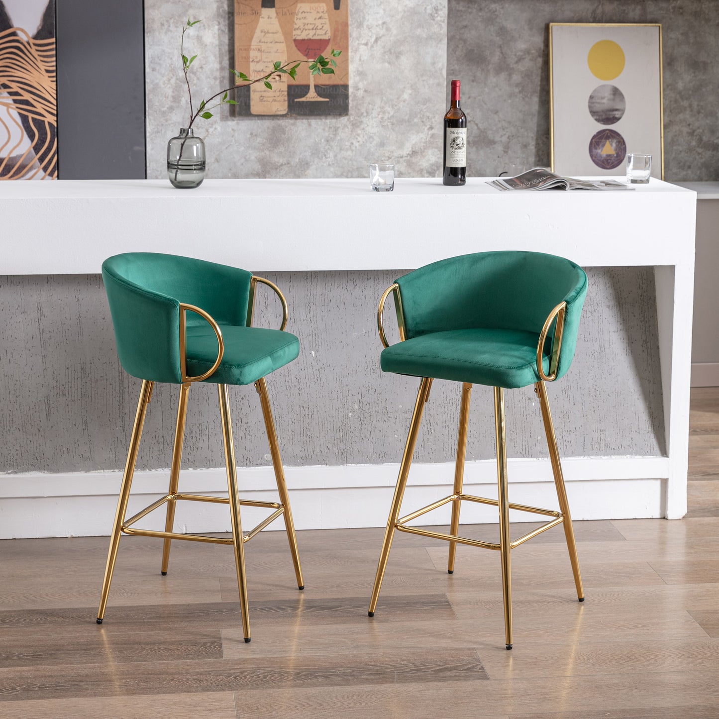 26 Inch Set of 2 Bar Stools,with Chrome Footrest and Base Velvet + Golden Leg Simple Bar Stool,GREEN