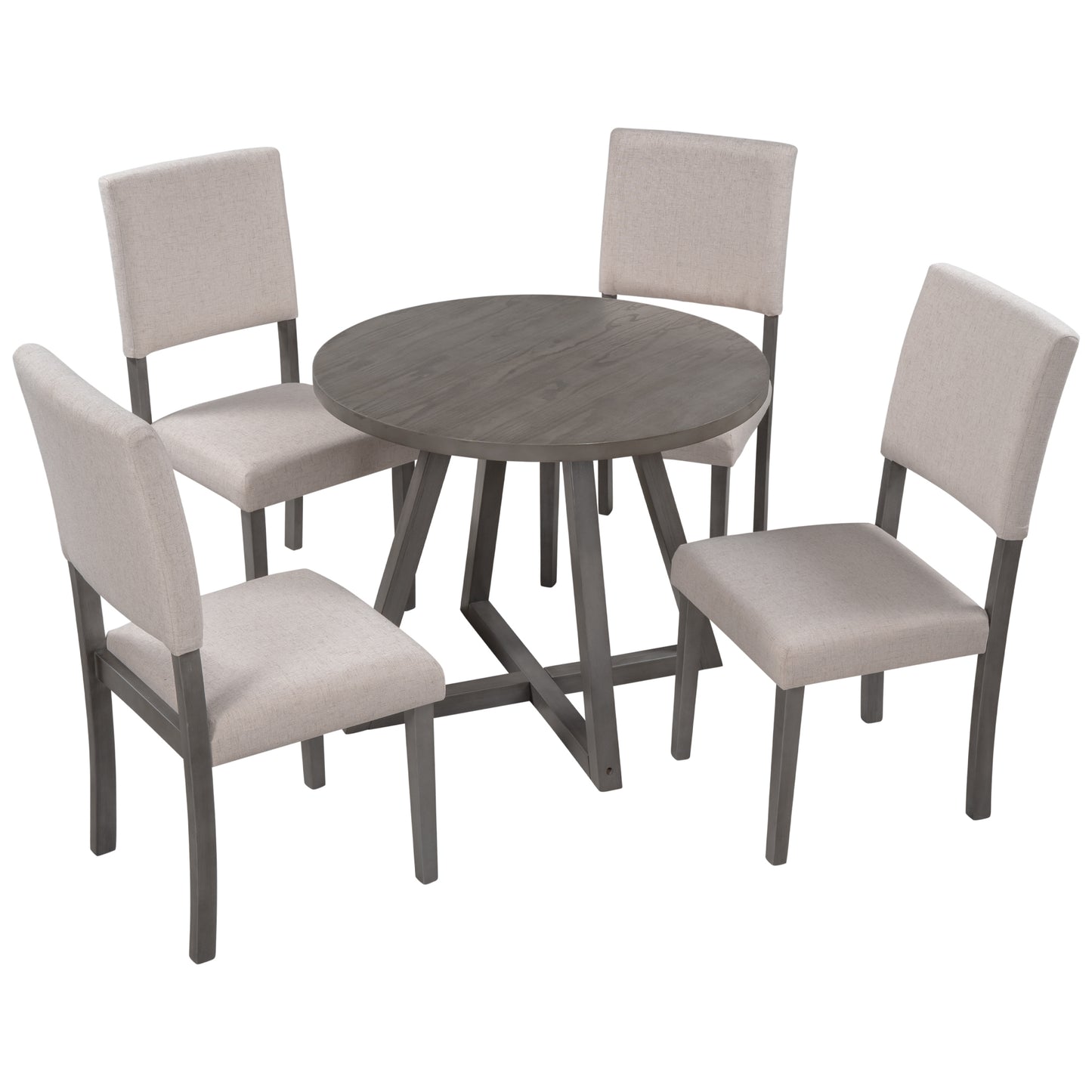 Mid-Century Wood  5-Piece Kitchen Dining Table Set with Round Table, 4 Upholstered Dining Chairs for Small Places, Gray Table + Beige Chair