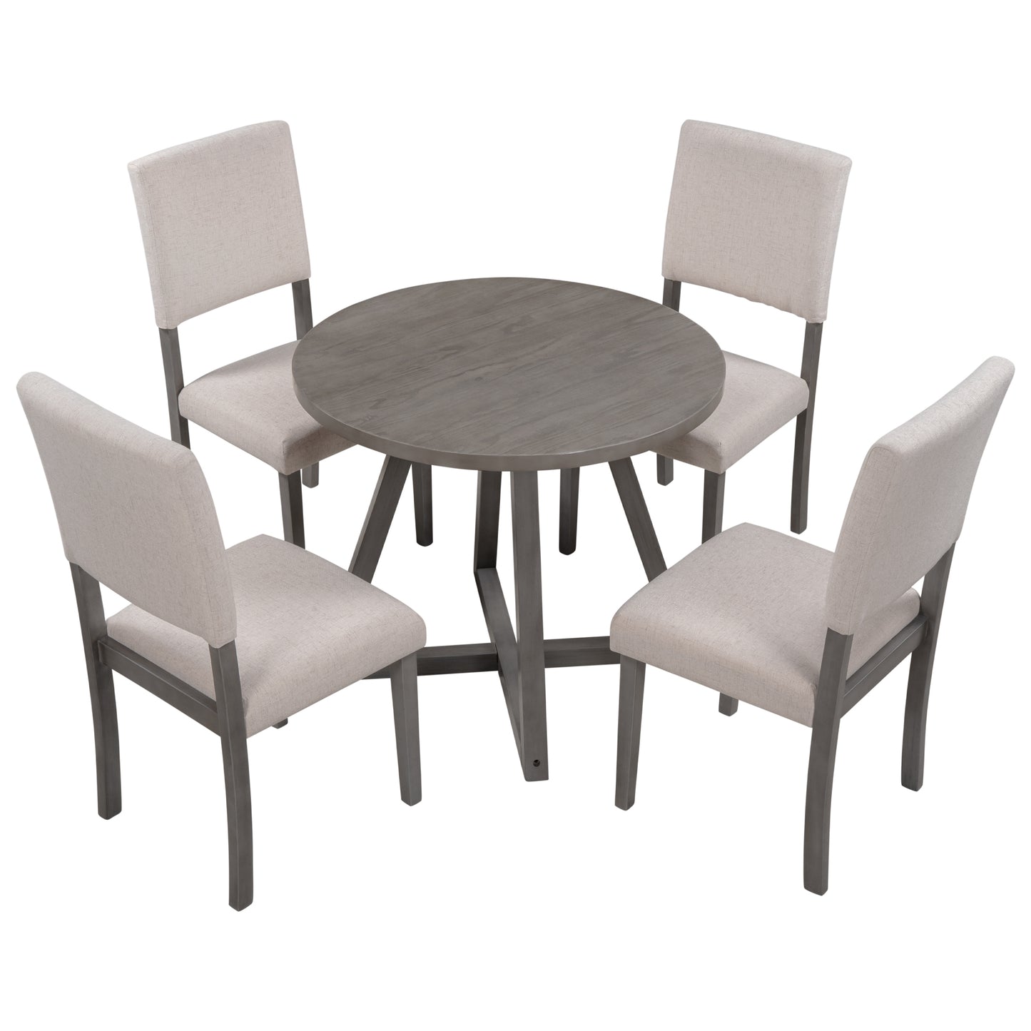 Mid-Century Wood  5-Piece Kitchen Dining Table Set with Round Table, 4 Upholstered Dining Chairs for Small Places, Gray Table + Beige Chair