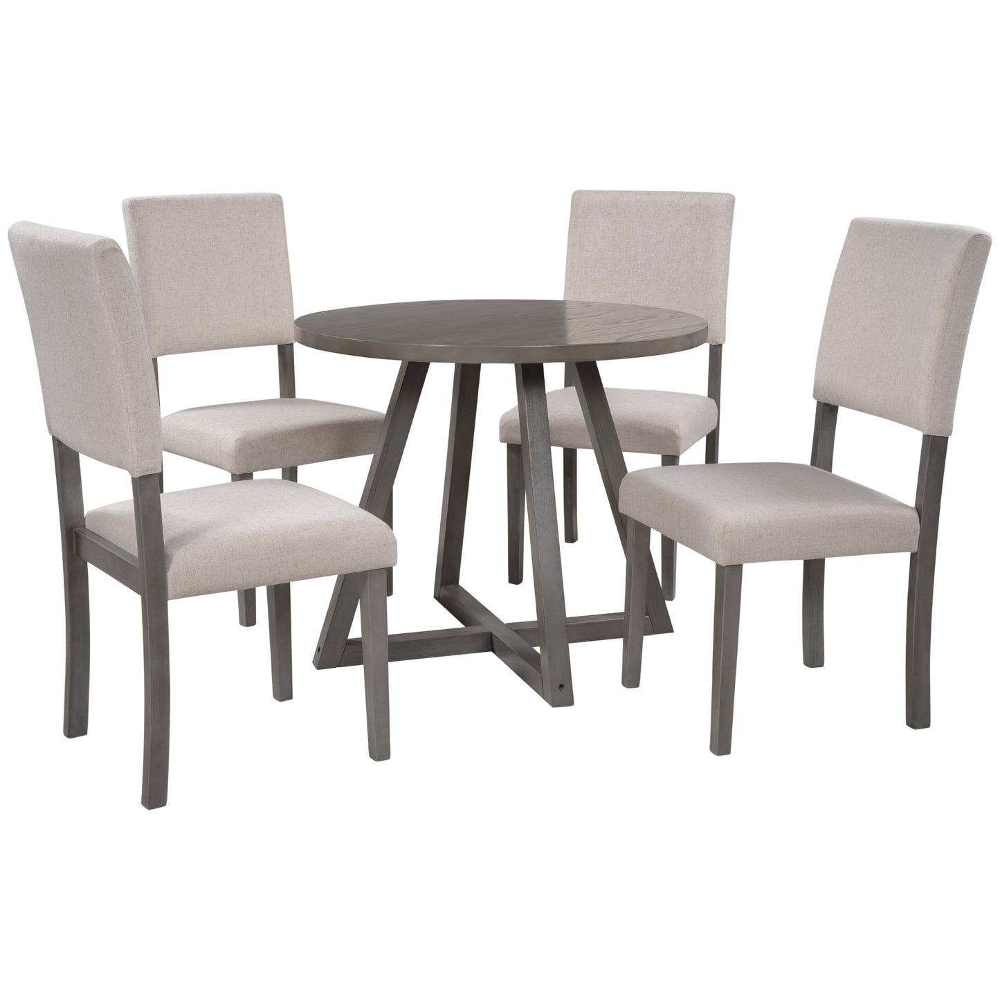 Mid-Century Wood  5-Piece Kitchen Dining Table Set with Round Table, 4 Upholstered Dining Chairs for Small Places, Gray Table + Beige Chair