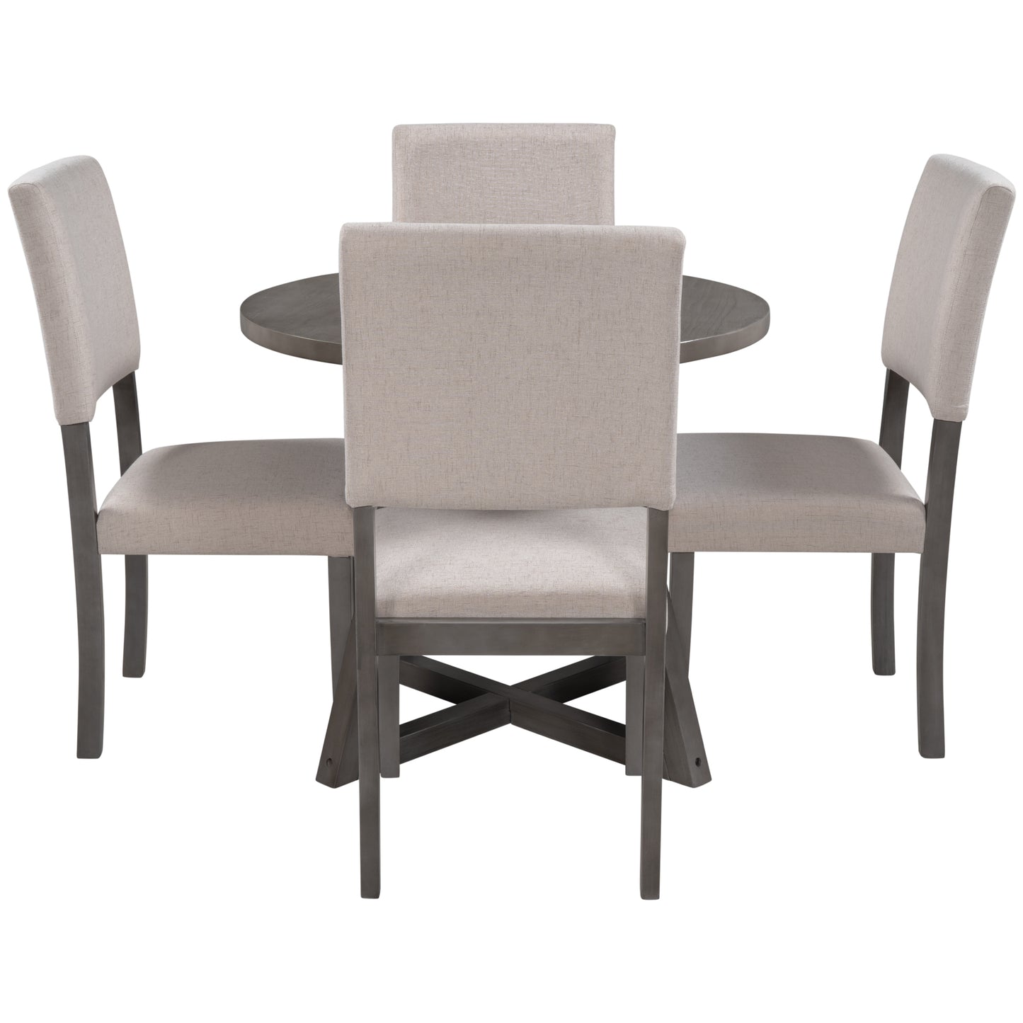 Mid-Century Wood  5-Piece Kitchen Dining Table Set with Round Table, 4 Upholstered Dining Chairs for Small Places, Gray Table + Beige Chair