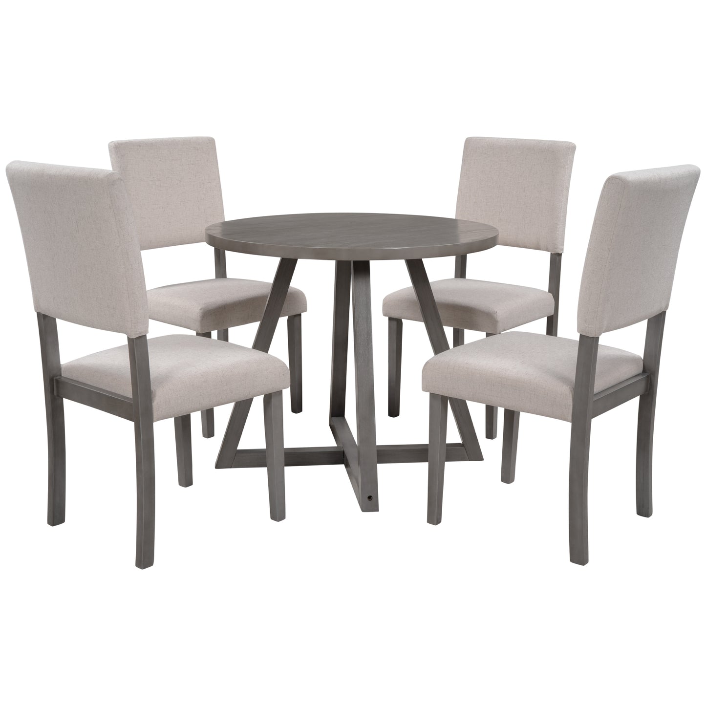 Mid-Century Wood  5-Piece Kitchen Dining Table Set with Round Table, 4 Upholstered Dining Chairs for Small Places, Gray Table + Beige Chair