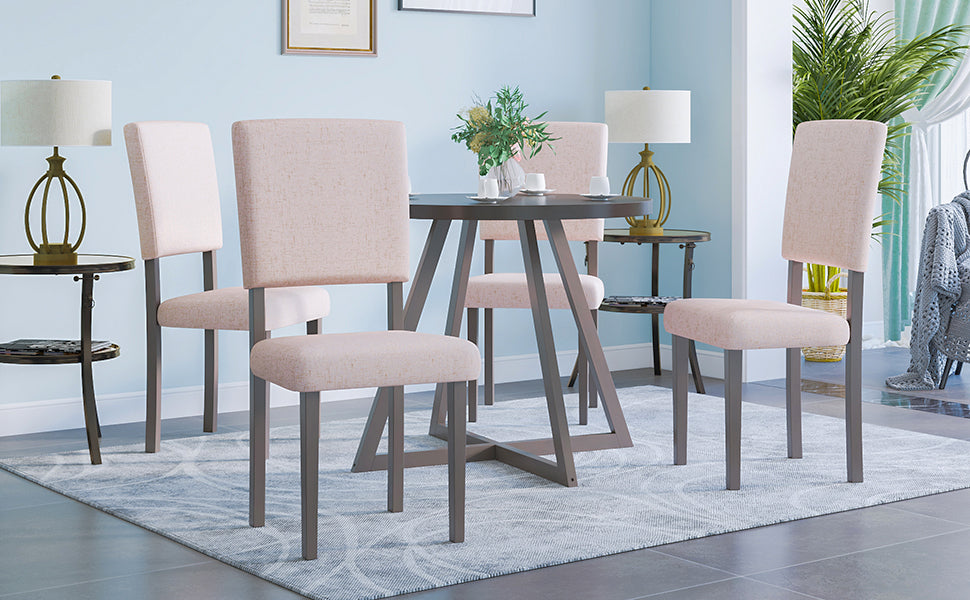 Mid-Century Wood  5-Piece Kitchen Dining Table Set with Round Table, 4 Upholstered Dining Chairs for Small Places, Gray Table + Beige Chair