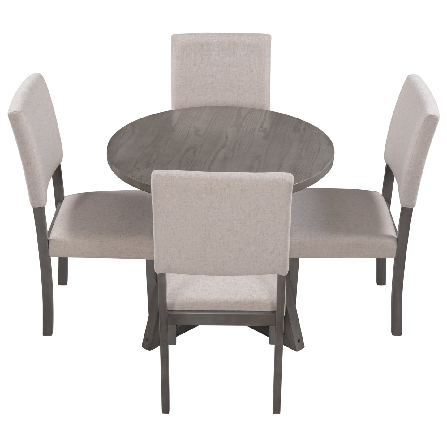 Mid-Century Wood  5-Piece Kitchen Dining Table Set with Round Table, 4 Upholstered Dining Chairs for Small Places, Gray Table + Beige Chair