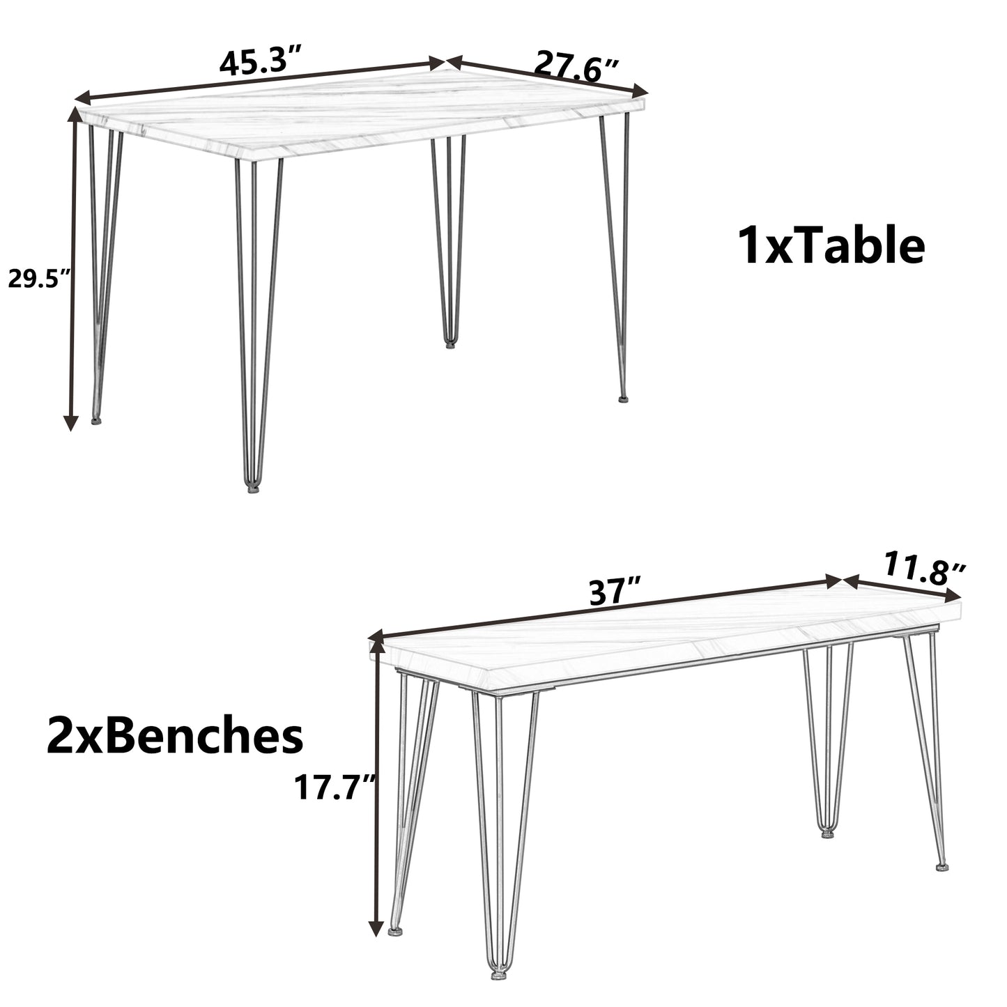 Rustic Farmhouse 3-Piece Dining Table Set with 2 Benches,Thick Table/Bench Top with Iron Frame for 4 in Small Places,Faux Marble White+Gold Frame