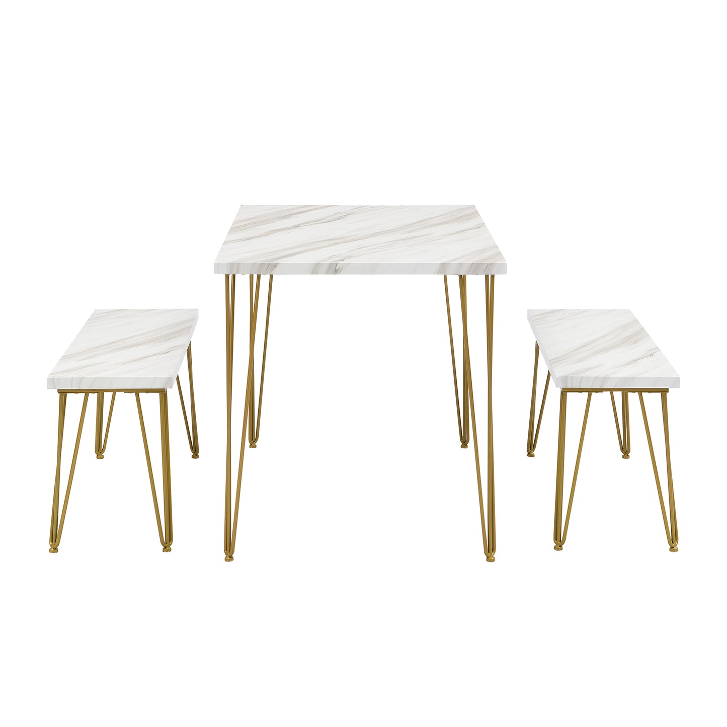 Rustic Farmhouse 3-Piece Dining Table Set with 2 Benches,Thick Table/Bench Top with Iron Frame for 4 in Small Places,Faux Marble White+Gold Frame