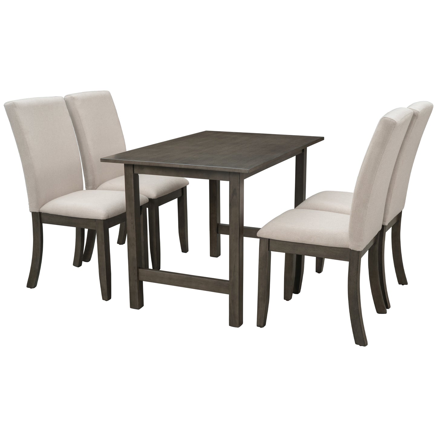 Farmhouse 5-Piece Wood Dining Table Set for 4, Kitchen Furniture Set with 4 Upholstered Dining Chairs for Small Places, Gray Table+Beige Chair