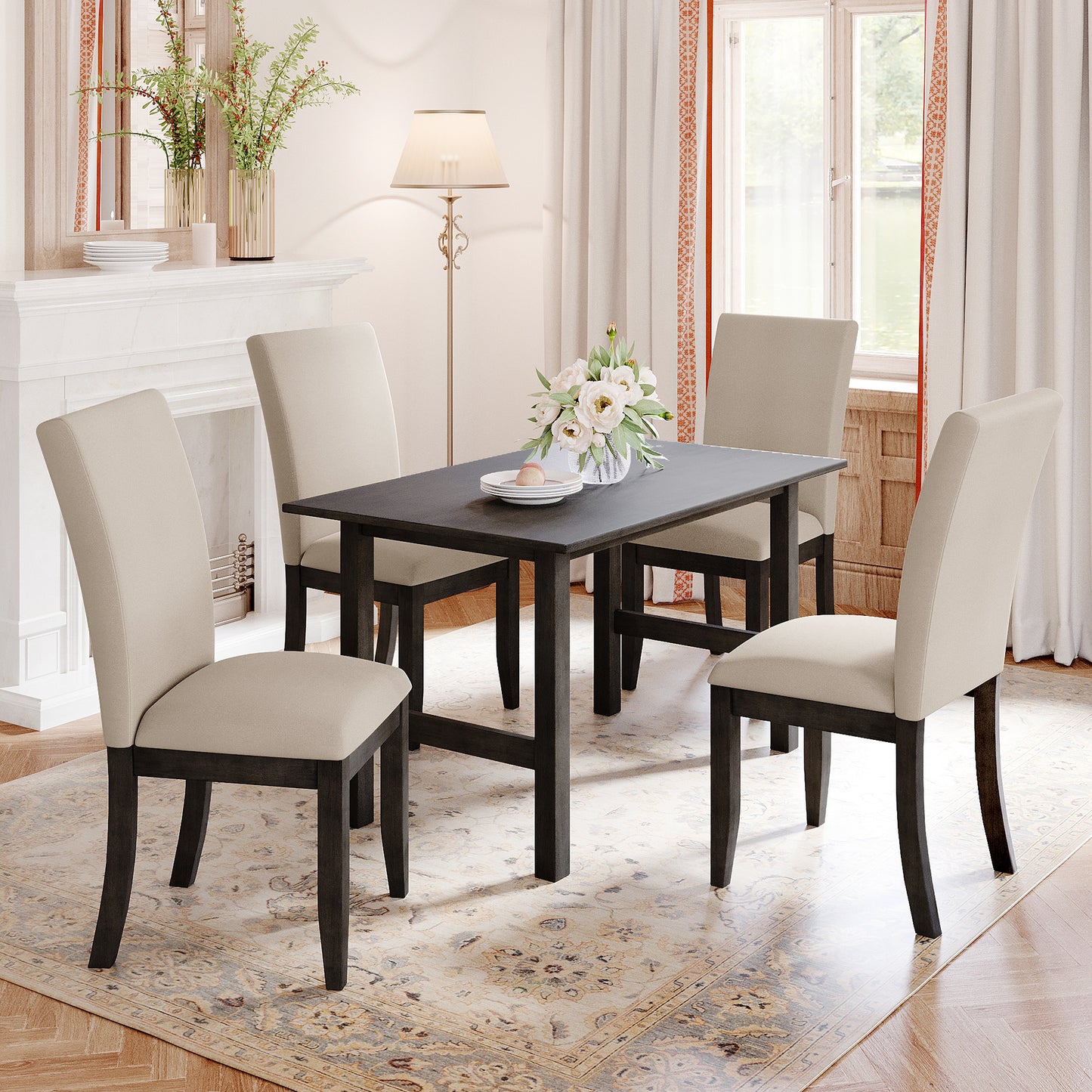 Farmhouse 5-Piece Wood Dining Table Set for 4, Kitchen Furniture Set with 4 Upholstered Dining Chairs for Small Places, Gray Table+Beige Chair