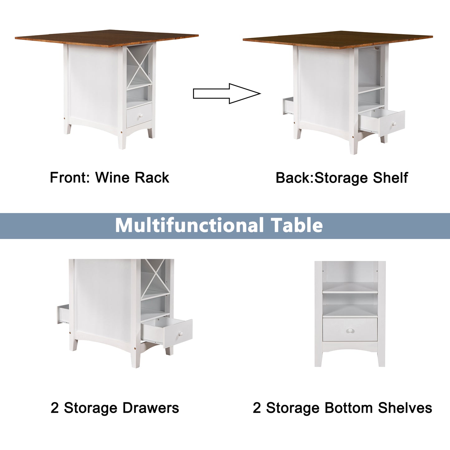 Farmhouse Wood Counter Height 5-Piece Dining Table Set with Drop Leaf, Kitchen Set with Wine Rack and Drawers for Small Places, Walnut+White