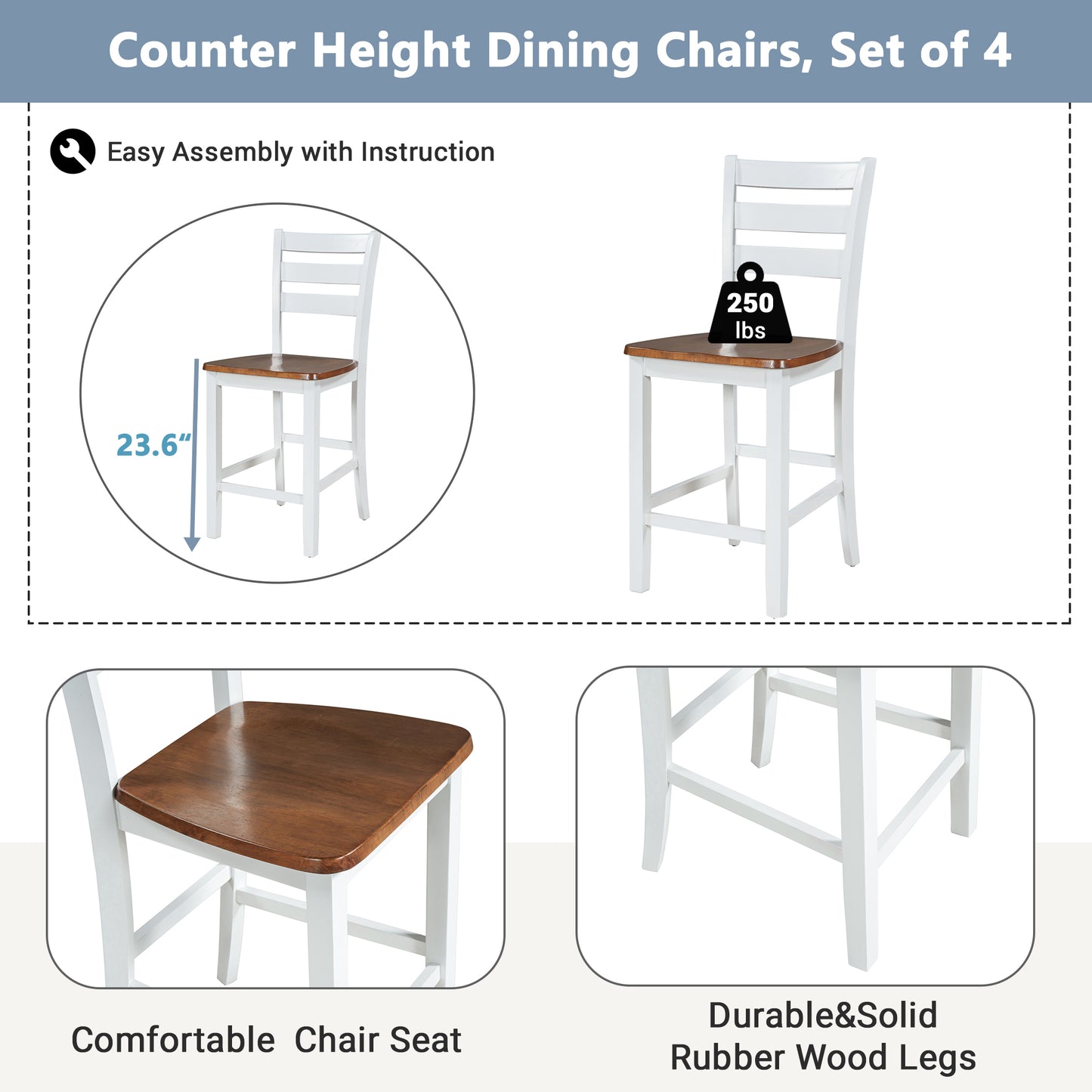 Farmhouse Wood Counter Height 5-Piece Dining Table Set with Drop Leaf, Kitchen Set with Wine Rack and Drawers for Small Places, Walnut+White