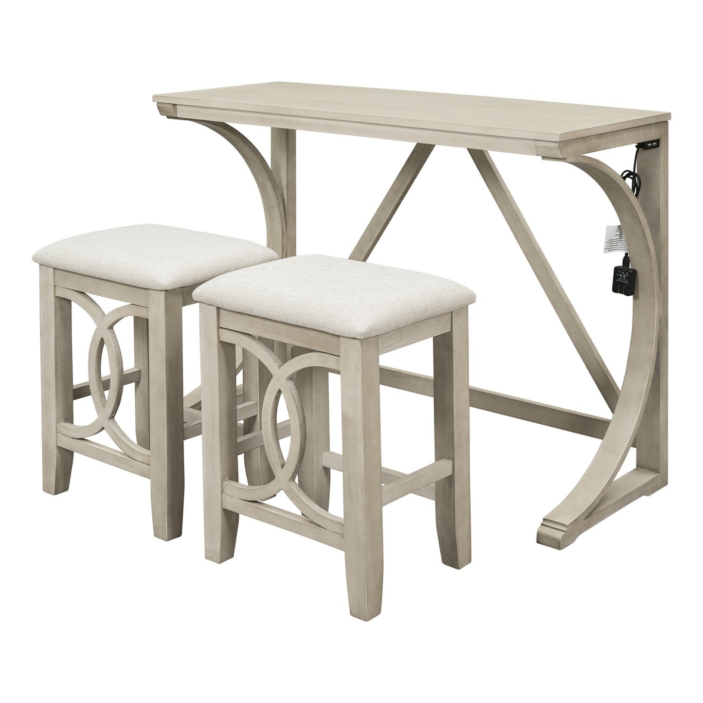 Farmhouse 3-Piece Counter Height Dining Table Set with USB Port and Upholstered Stools,Cream