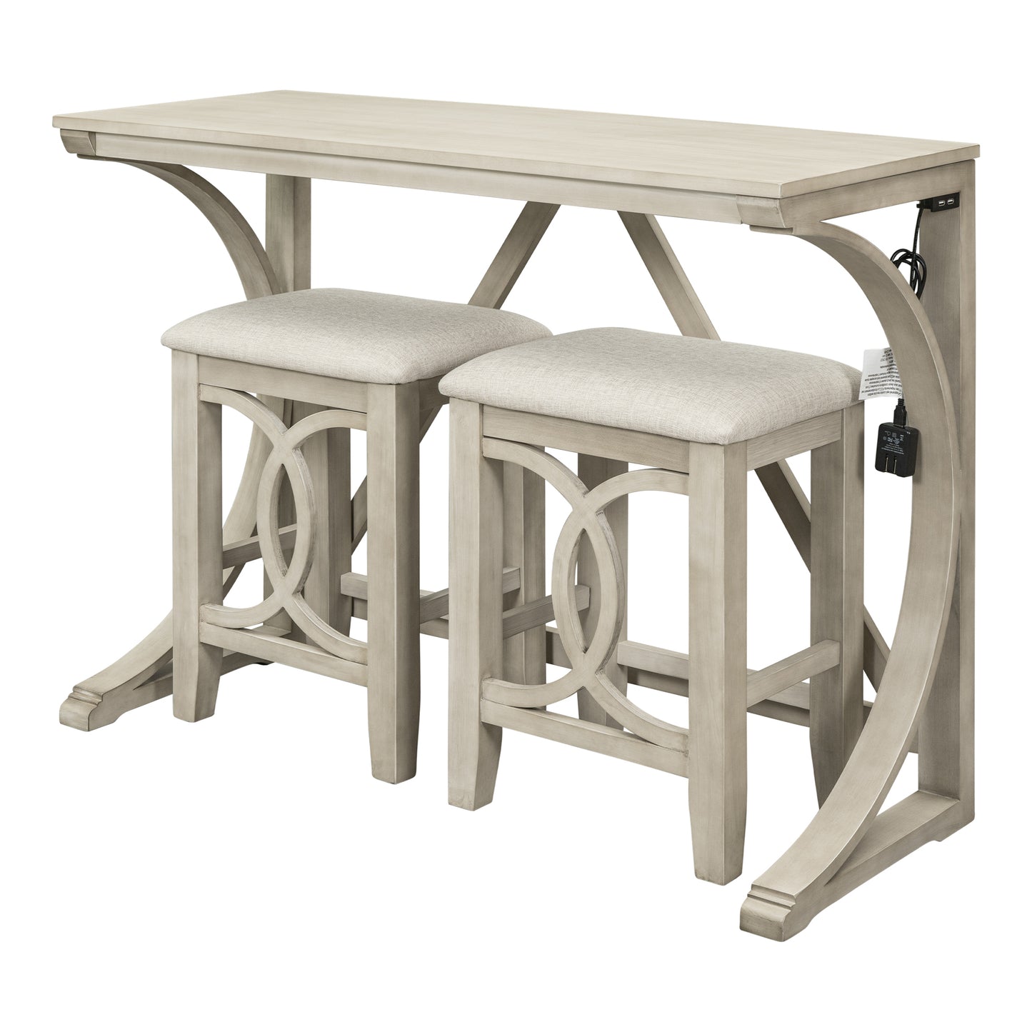 Farmhouse 3-Piece Counter Height Dining Table Set with USB Port and Upholstered Stools,Cream