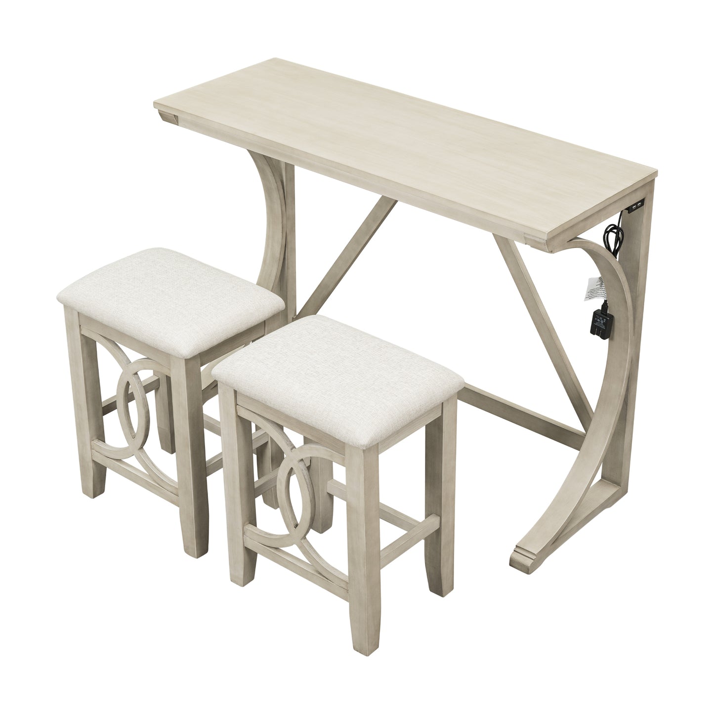 Farmhouse 3-Piece Counter Height Dining Table Set with USB Port and Upholstered Stools,Cream