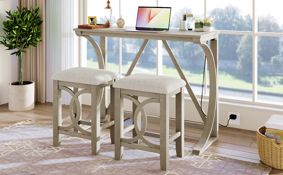 Farmhouse 3-Piece Counter Height Dining Table Set with USB Port and Upholstered Stools,Cream