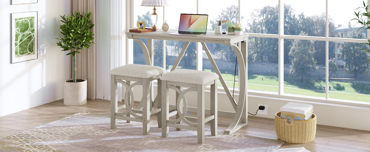 Farmhouse 3-Piece Counter Height Dining Table Set with USB Port and Upholstered Stools,Cream