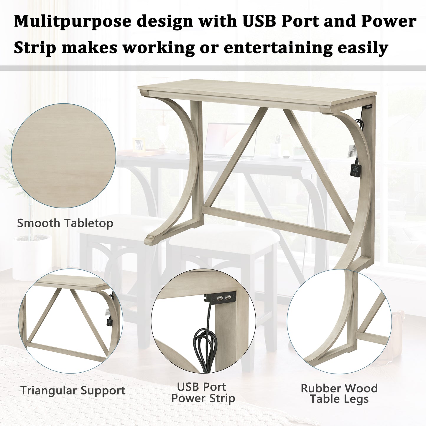 Farmhouse 3-Piece Counter Height Dining Table Set with USB Port and Upholstered Stools,Cream