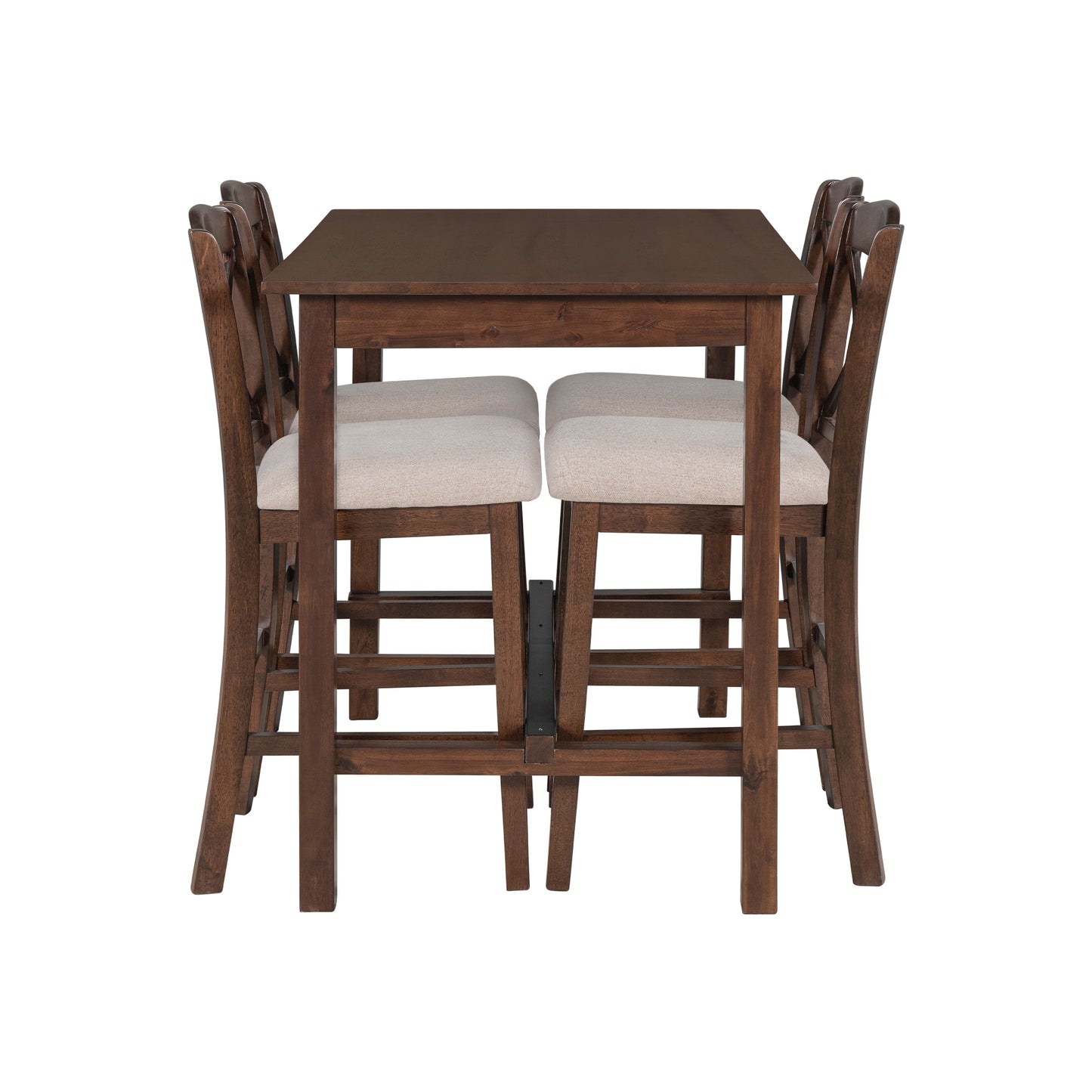 Casual Counter Height Wood 5-Piece Dining Table Set with 4 Upholstered Chairs and 1 Storage Drawer, Walnut+Beige