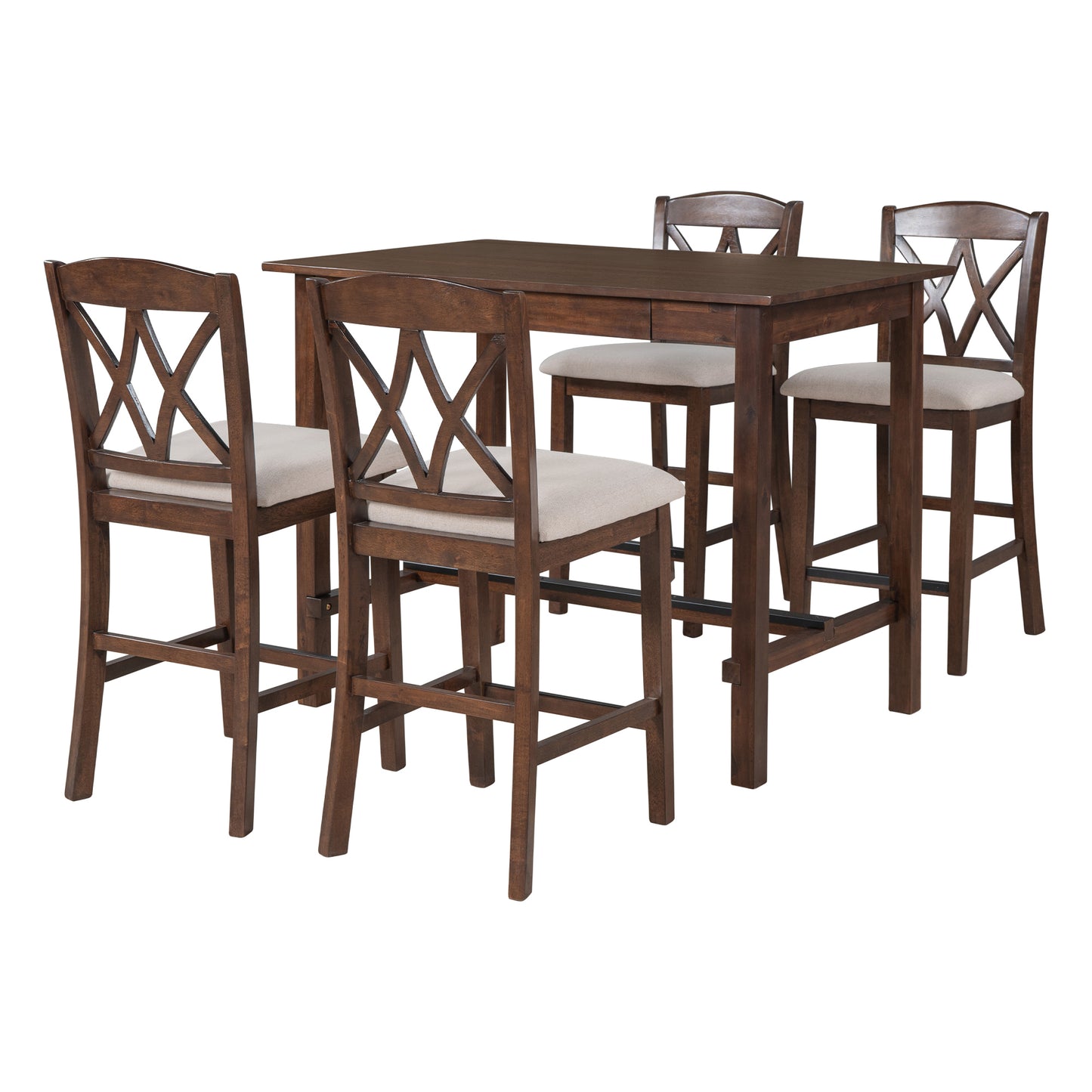 Casual Counter Height Wood 5-Piece Dining Table Set with 4 Upholstered Chairs and 1 Storage Drawer, Walnut+Beige