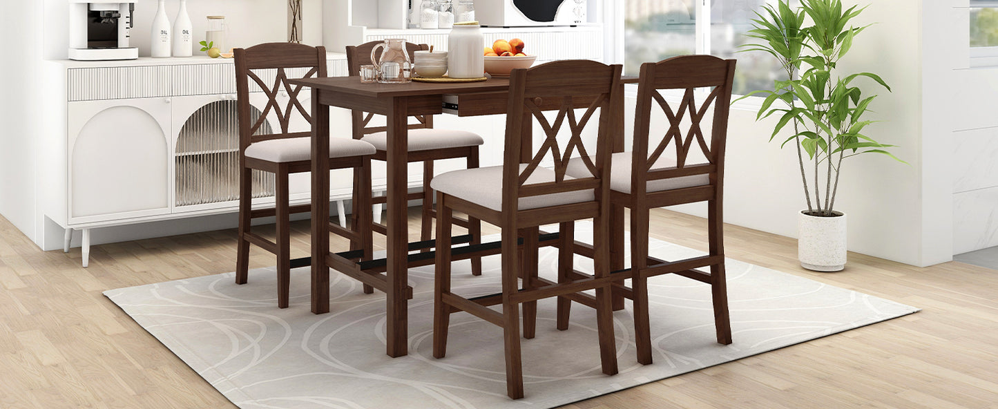 Casual Counter Height Wood 5-Piece Dining Table Set with 4 Upholstered Chairs and 1 Storage Drawer, Walnut+Beige