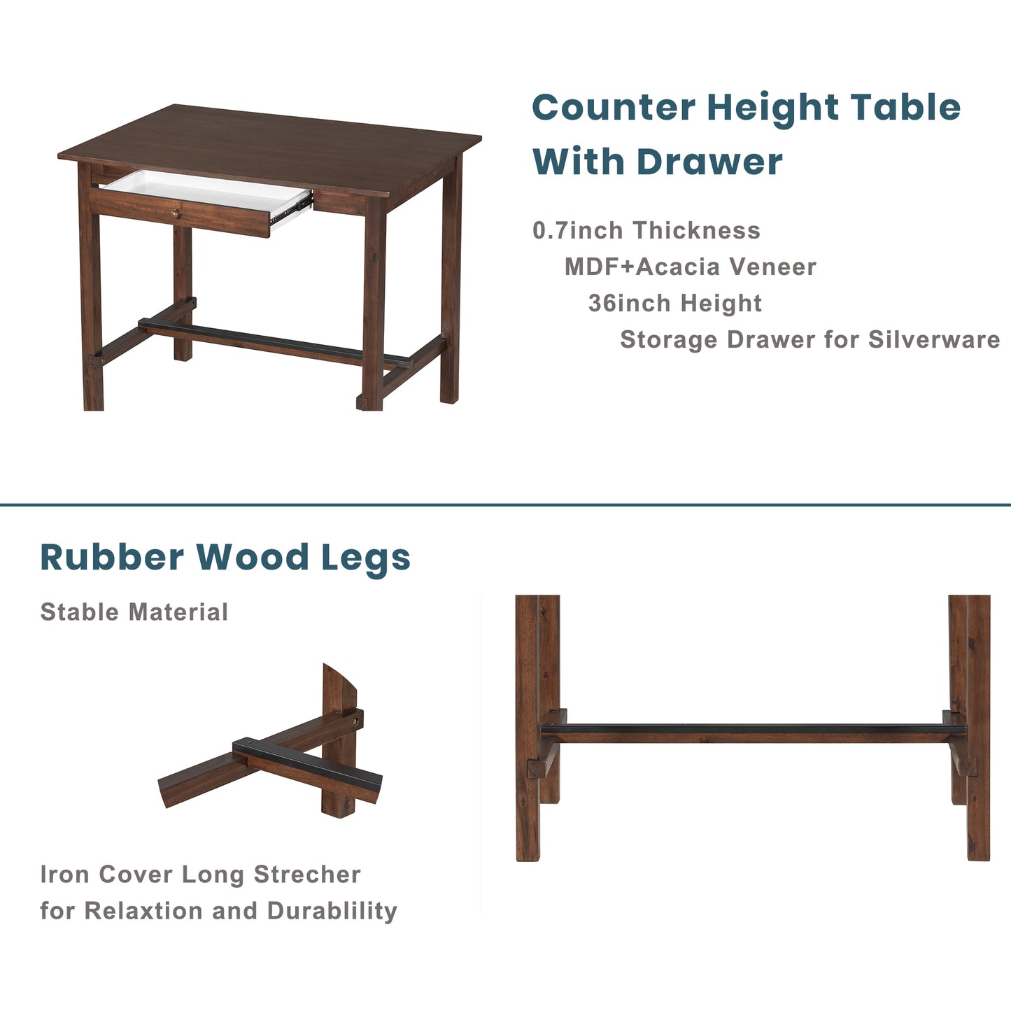 Casual Counter Height Wood 5-Piece Dining Table Set with 4 Upholstered Chairs and 1 Storage Drawer, Walnut+Beige