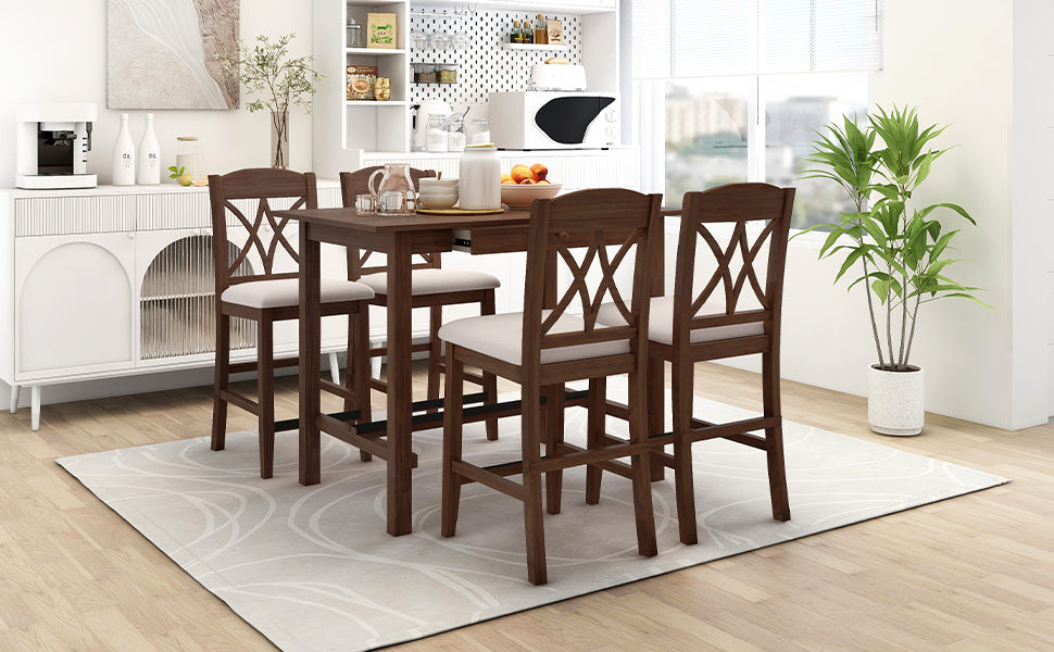 Casual Counter Height Wood 5-Piece Dining Table Set with 4 Upholstered Chairs and 1 Storage Drawer, Walnut+Beige