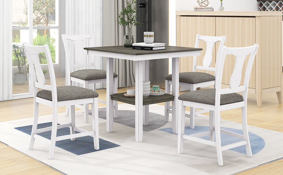 Farmhouse 5-Piece Wood Counter Height Dining Table Set with Storage Shelf, Square Table and 4 Upholstered Chairs for Small Space, Antique White