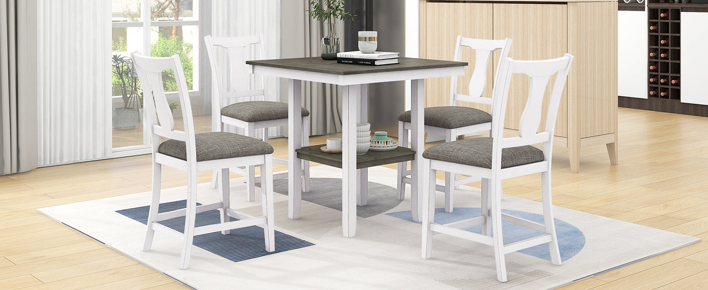 Farmhouse 5-Piece Wood Counter Height Dining Table Set with Storage Shelf, Square Table and 4 Upholstered Chairs for Small Space, Antique White