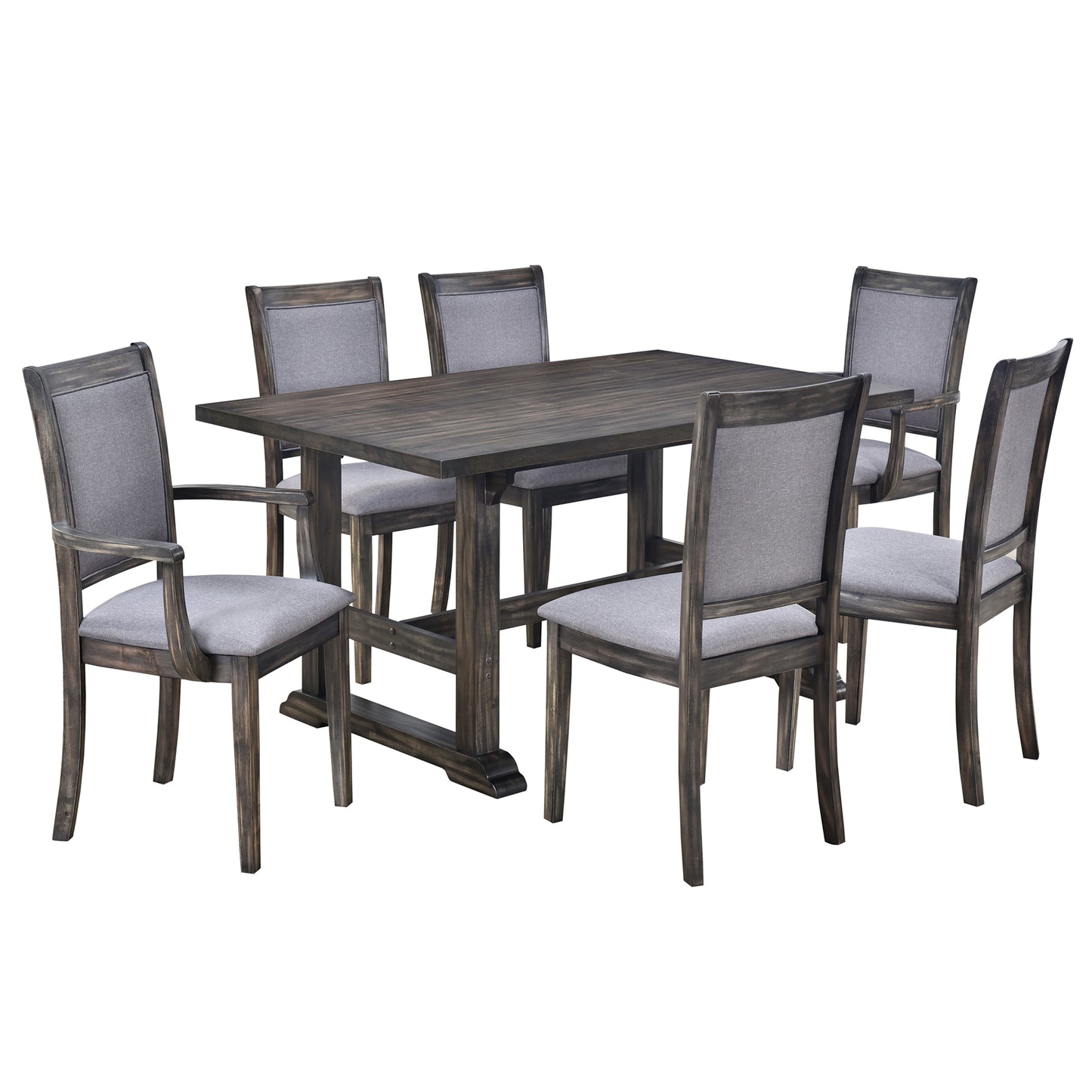 7-Piece Trestle Dining Table Set, Kitchen Table Set with Upholstered Side Chair and Arm Chair, Set of 6, Grey