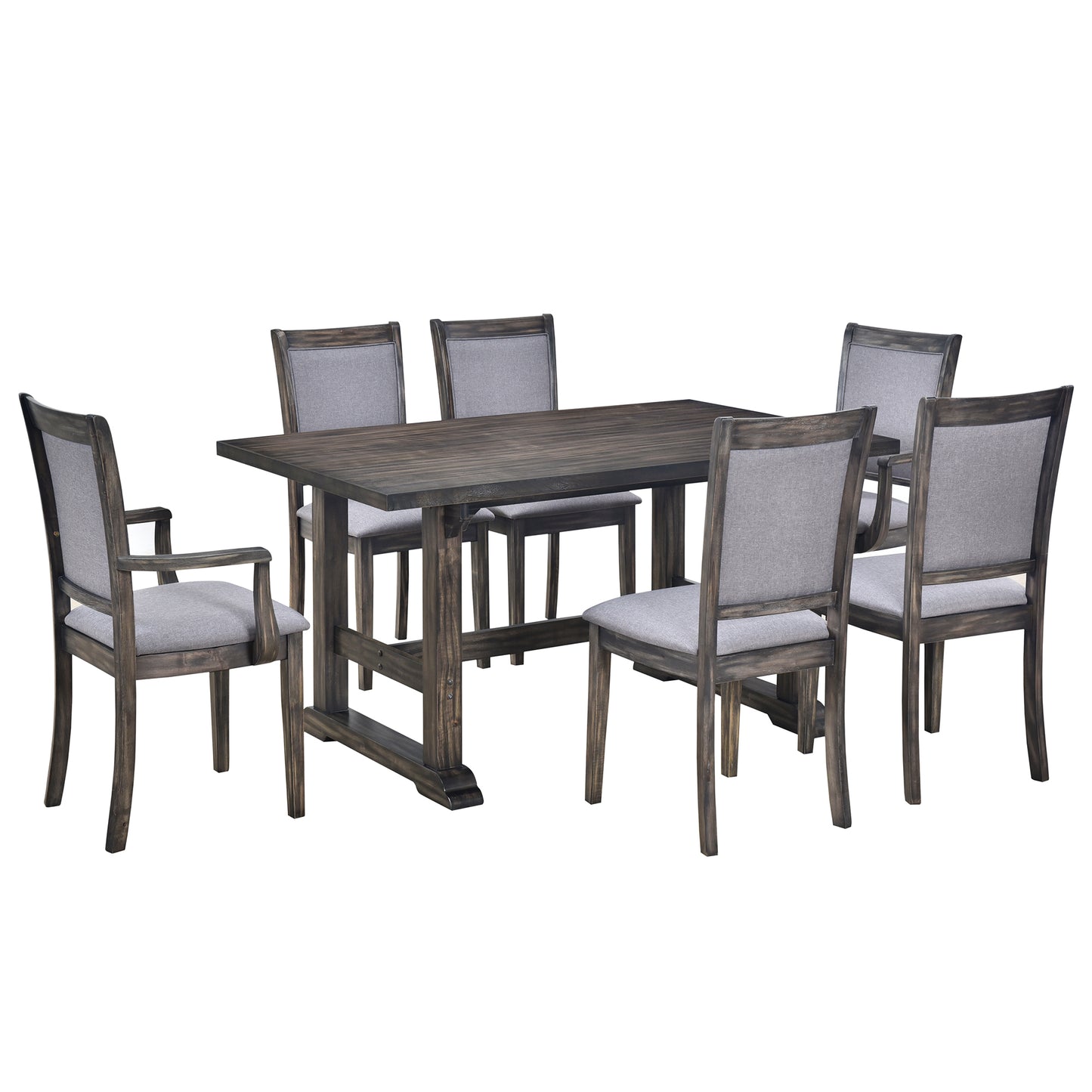 7-Piece Trestle Dining Table Set, Kitchen Table Set with Upholstered Side Chair and Arm Chair, Set of 6, Grey