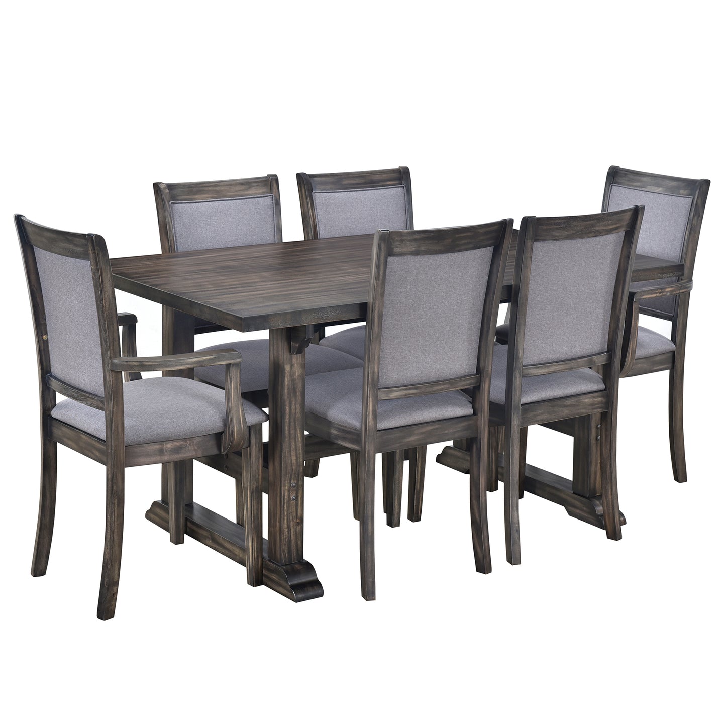 7-Piece Trestle Dining Table Set, Kitchen Table Set with Upholstered Side Chair and Arm Chair, Set of 6, Grey