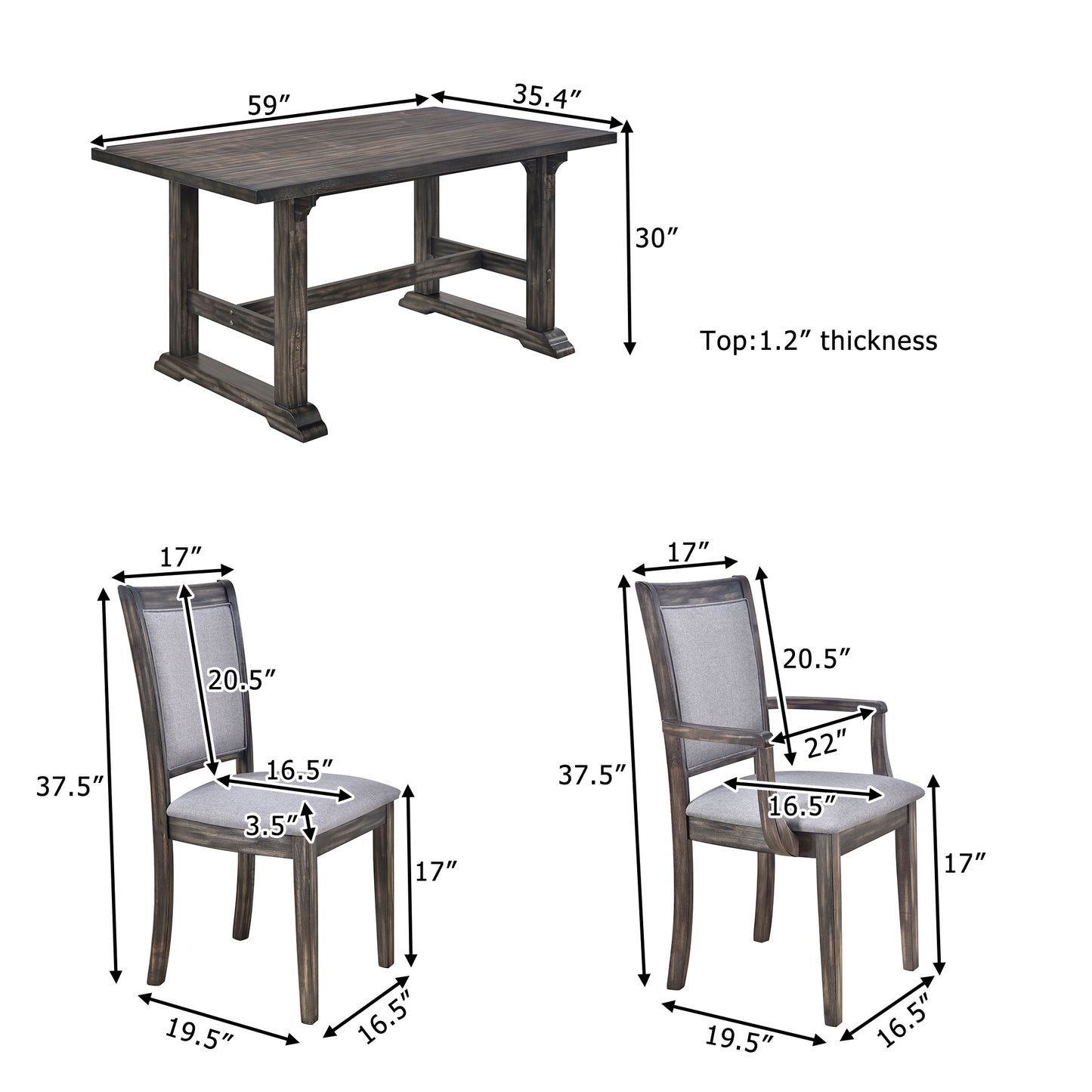 7-Piece Trestle Dining Table Set, Kitchen Table Set with Upholstered Side Chair and Arm Chair, Set of 6, Grey