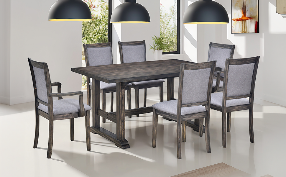 7-Piece Trestle Dining Table Set, Kitchen Table Set with Upholstered Side Chair and Arm Chair, Set of 6, Grey