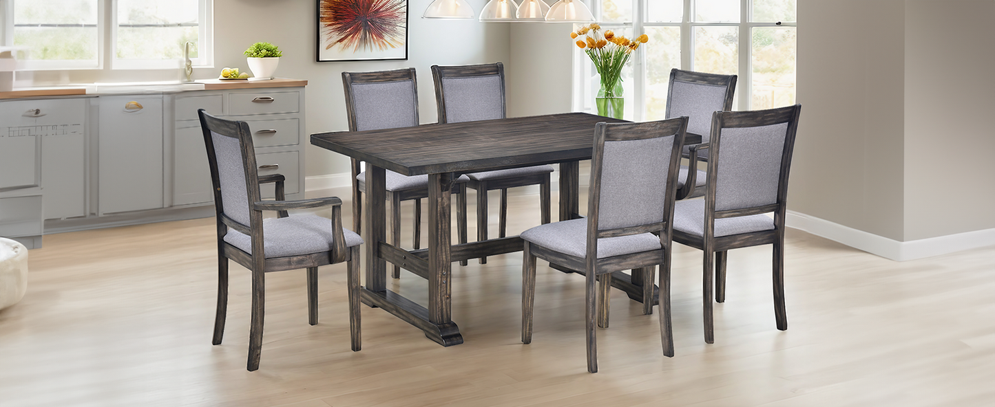 7-Piece Trestle Dining Table Set, Kitchen Table Set with Upholstered Side Chair and Arm Chair, Set of 6, Grey