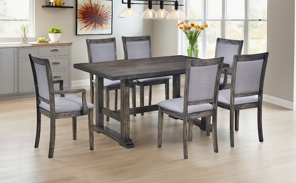 7-Piece Trestle Dining Table Set, Kitchen Table Set with Upholstered Side Chair and Arm Chair, Set of 6, Grey