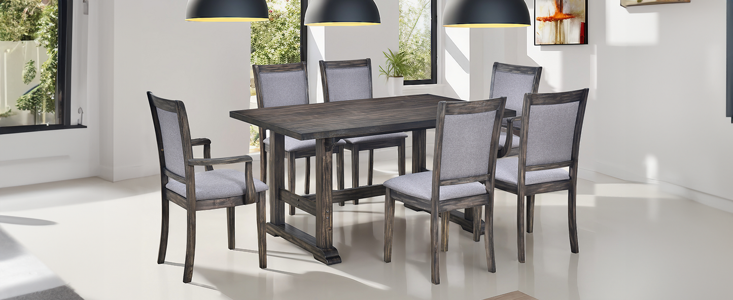 7-Piece Trestle Dining Table Set, Kitchen Table Set with Upholstered Side Chair and Arm Chair, Set of 6, Grey