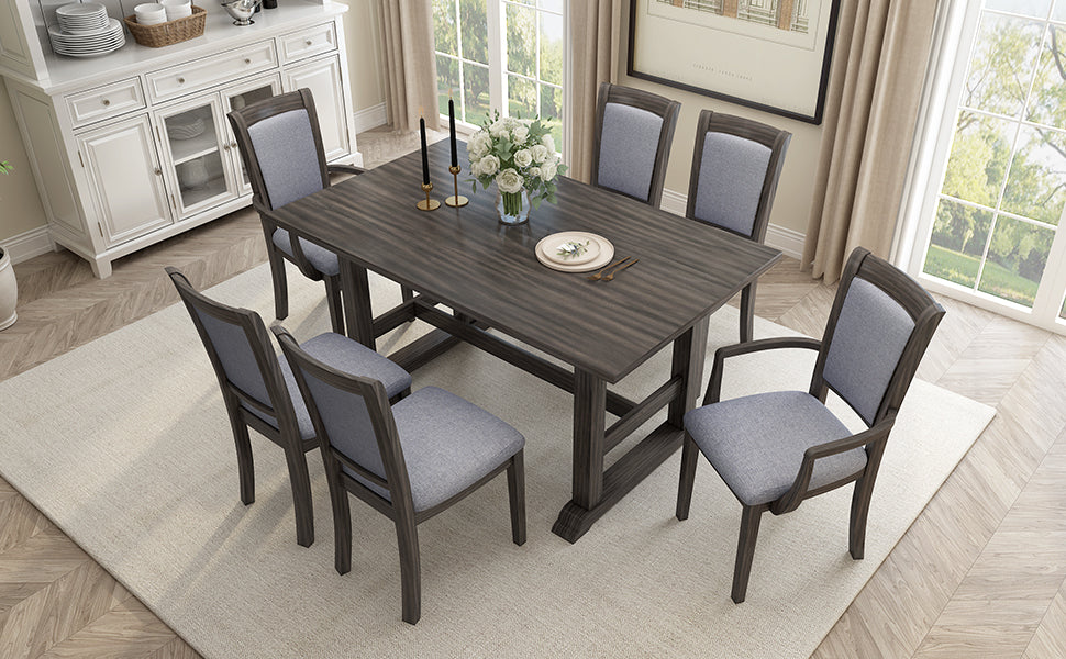 7-Piece Trestle Dining Table Set, Kitchen Table Set with Upholstered Side Chair and Arm Chair, Set of 6, Grey