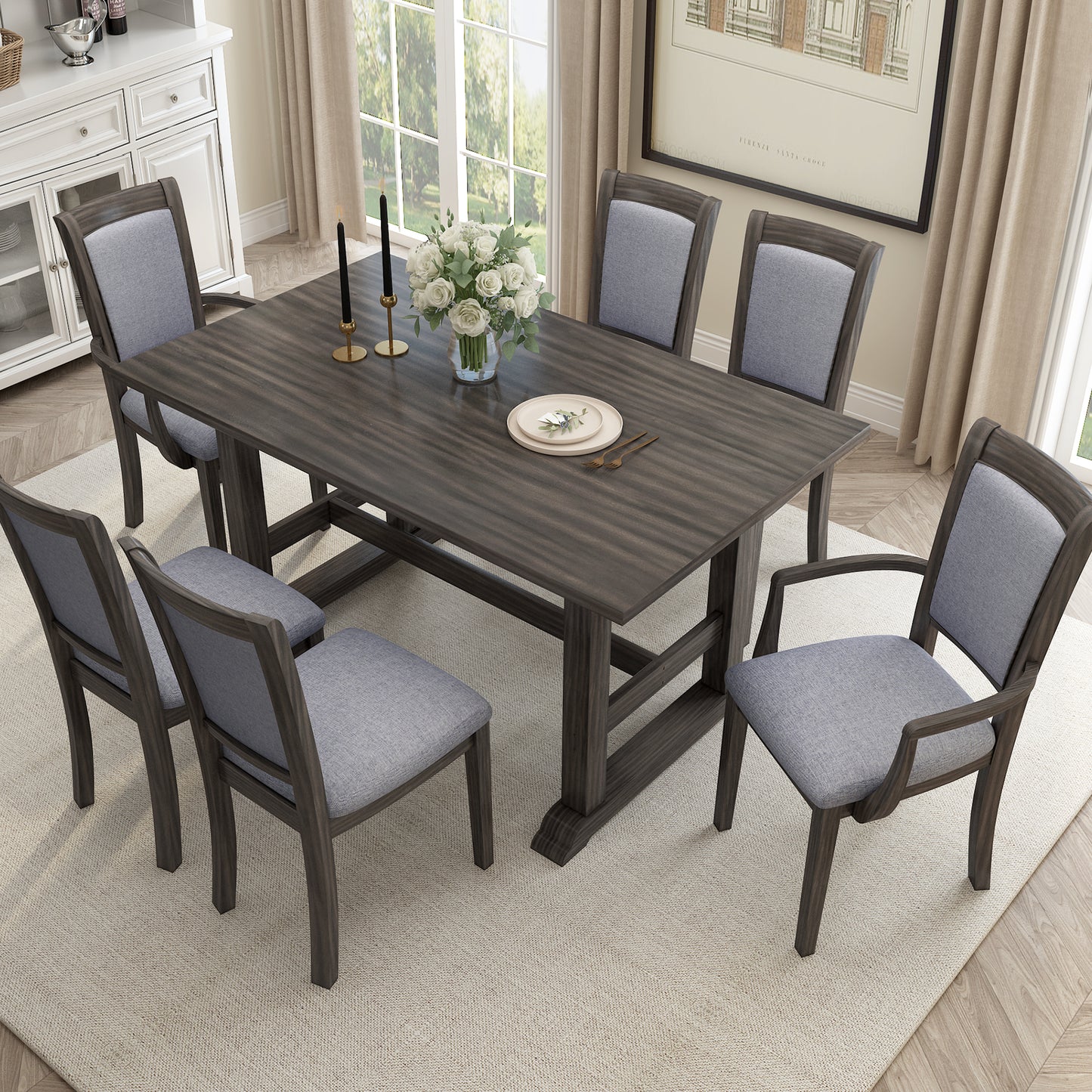 7-Piece Trestle Dining Table Set, Kitchen Table Set with Upholstered Side Chair and Arm Chair, Set of 6, Grey