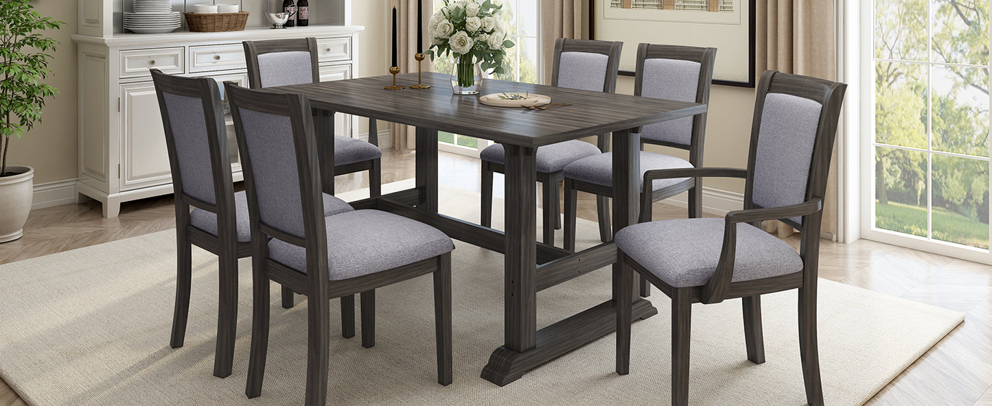 7-Piece Trestle Dining Table Set, Kitchen Table Set with Upholstered Side Chair and Arm Chair, Set of 6, Grey