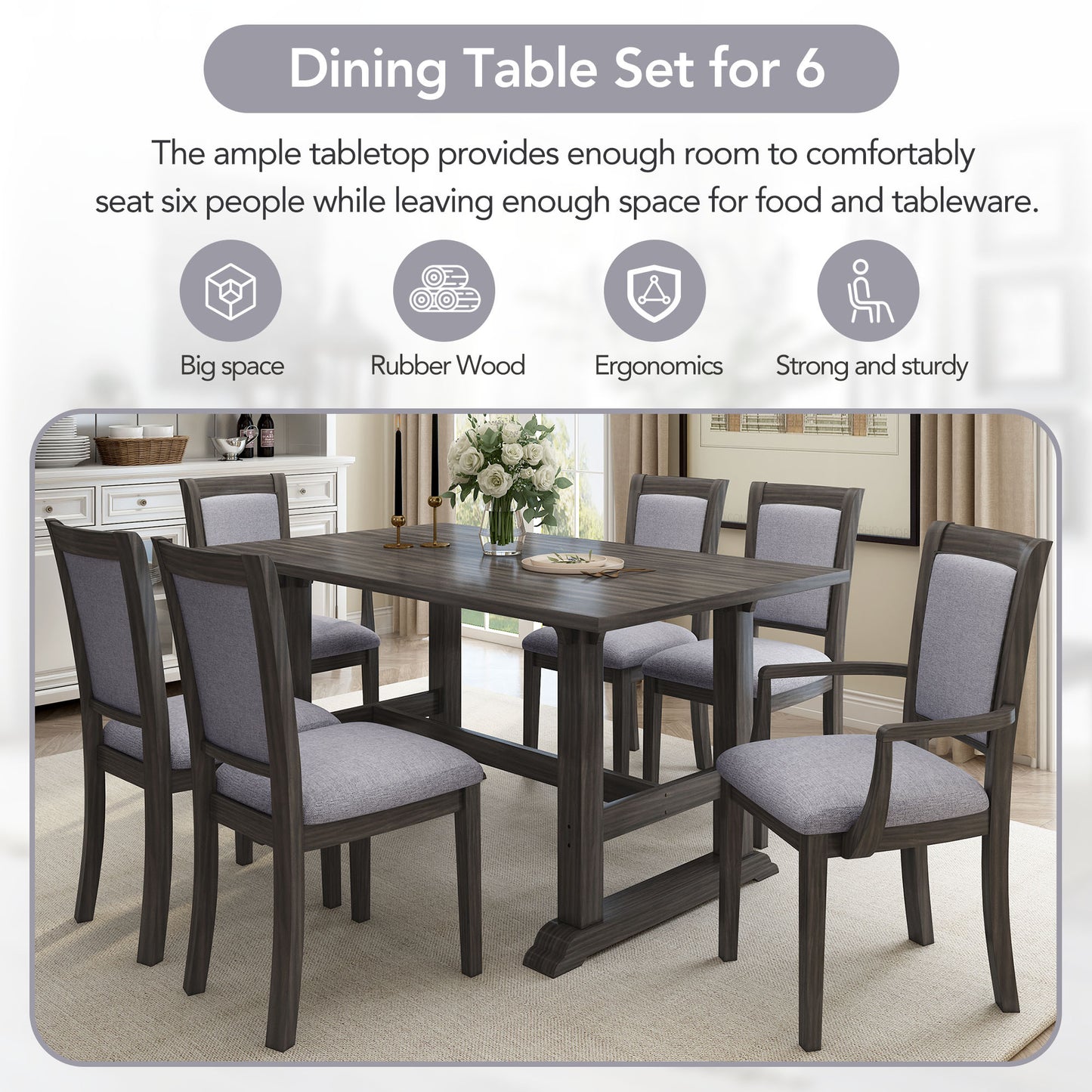 7-Piece Trestle Dining Table Set, Kitchen Table Set with Upholstered Side Chair and Arm Chair, Set of 6, Grey