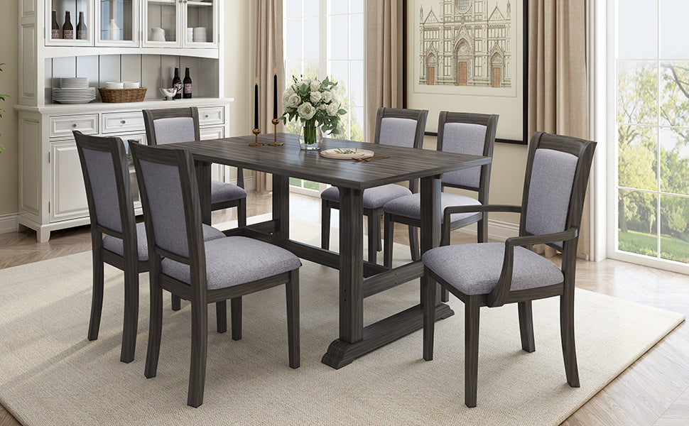 7-Piece Trestle Dining Table Set, Kitchen Table Set with Upholstered Side Chair and Arm Chair, Set of 6, Grey