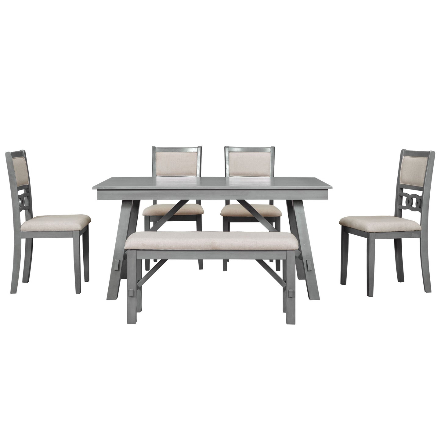 Farmhouse Solid Wood 6-Piece Dining Table Set Rectangular Kitchen Table Set with Upholstered Chairs and Bench, Gray