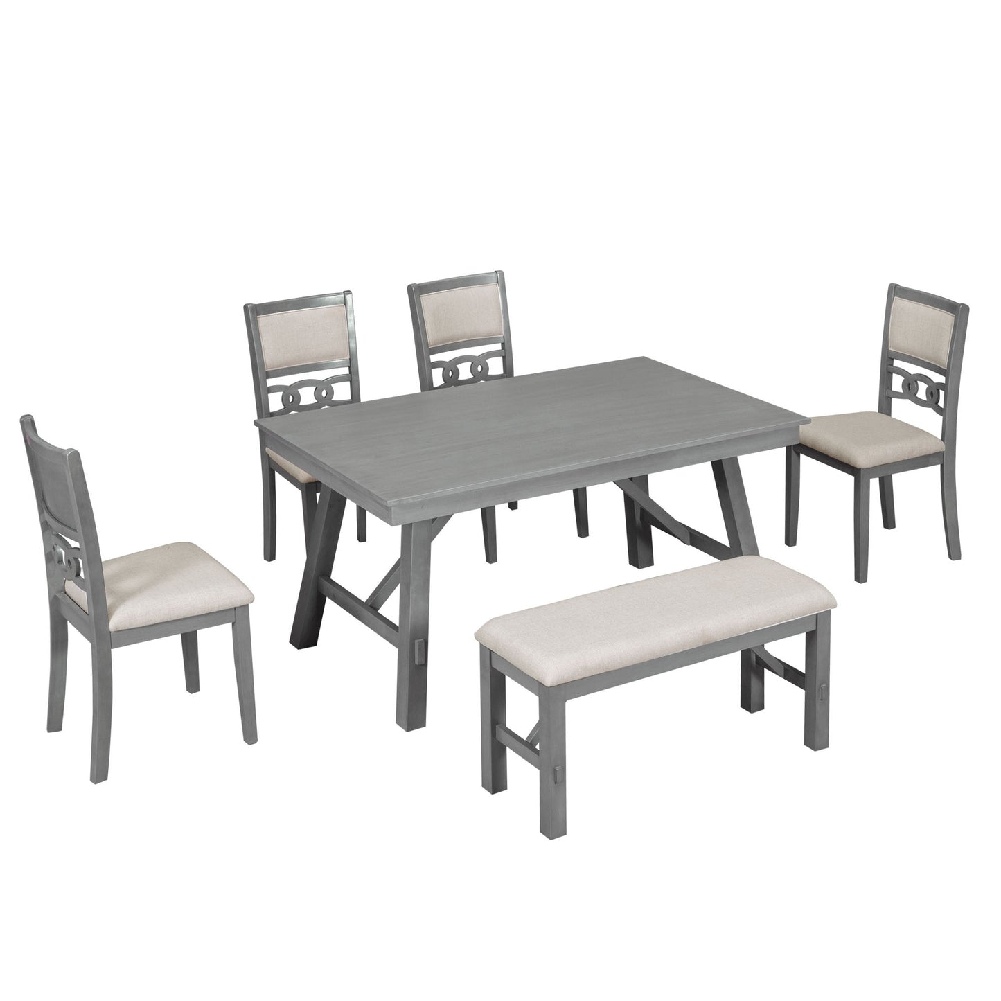 Farmhouse Solid Wood 6-Piece Dining Table Set Rectangular Kitchen Table Set with Upholstered Chairs and Bench, Gray