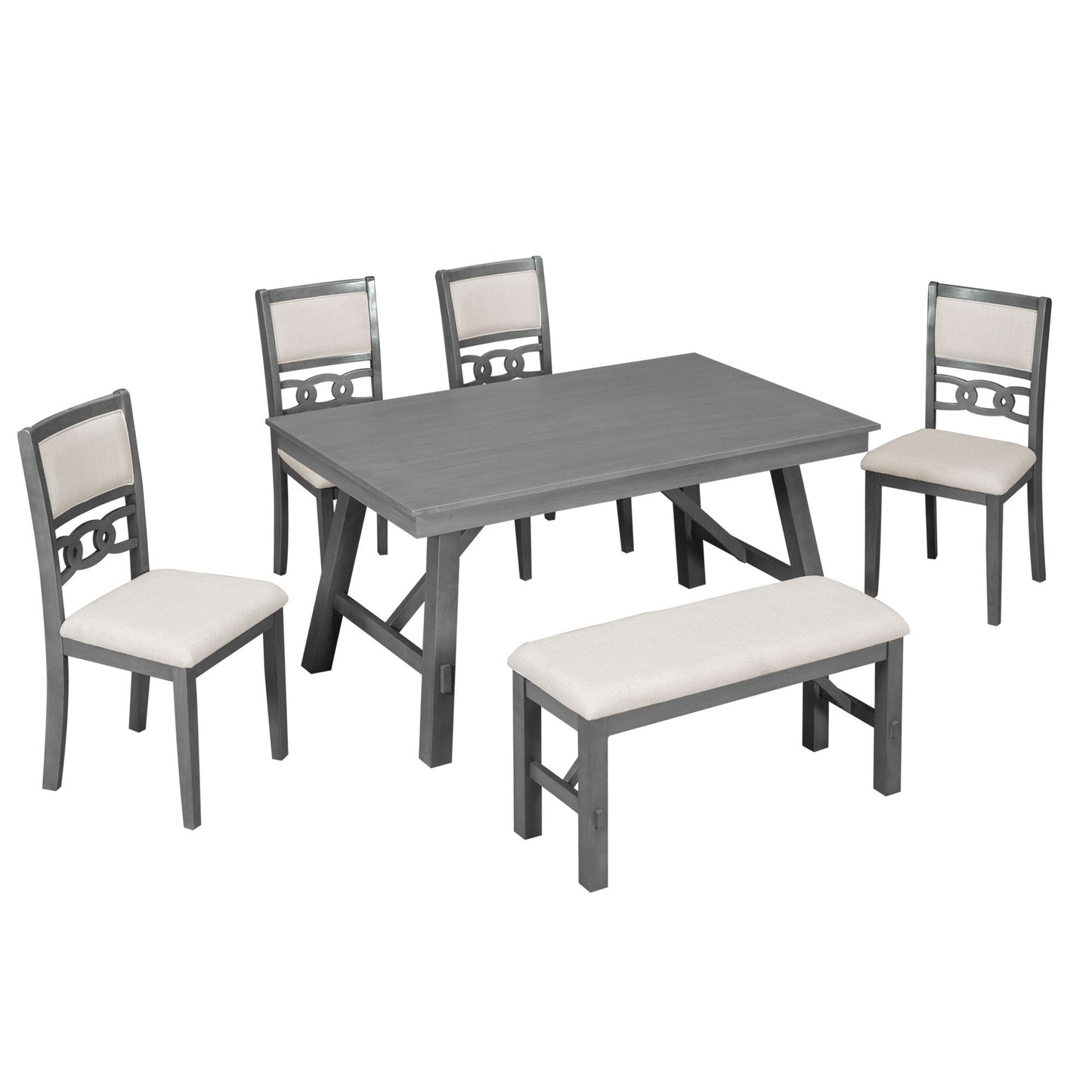 Farmhouse Solid Wood 6-Piece Dining Table Set Rectangular Kitchen Table Set with Upholstered Chairs and Bench, Gray