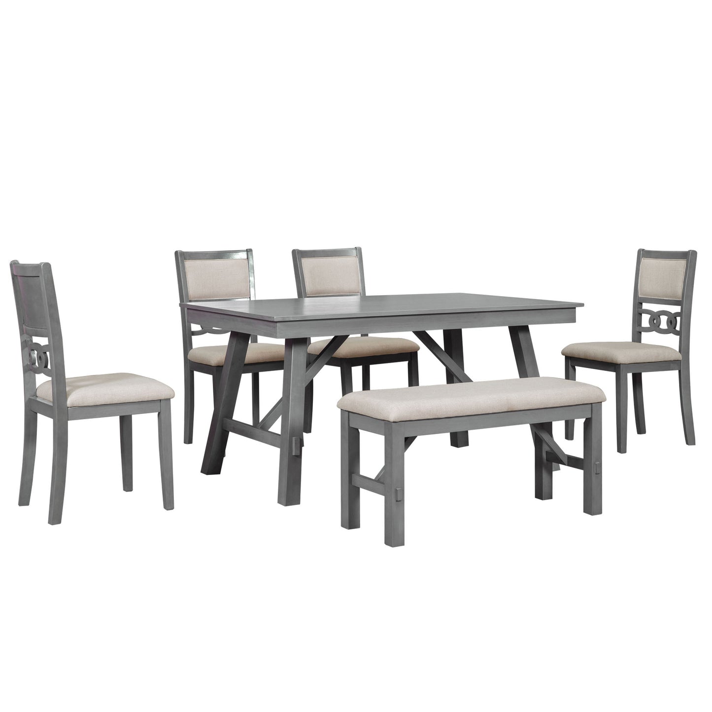 Farmhouse Solid Wood 6-Piece Dining Table Set Rectangular Kitchen Table Set with Upholstered Chairs and Bench, Gray