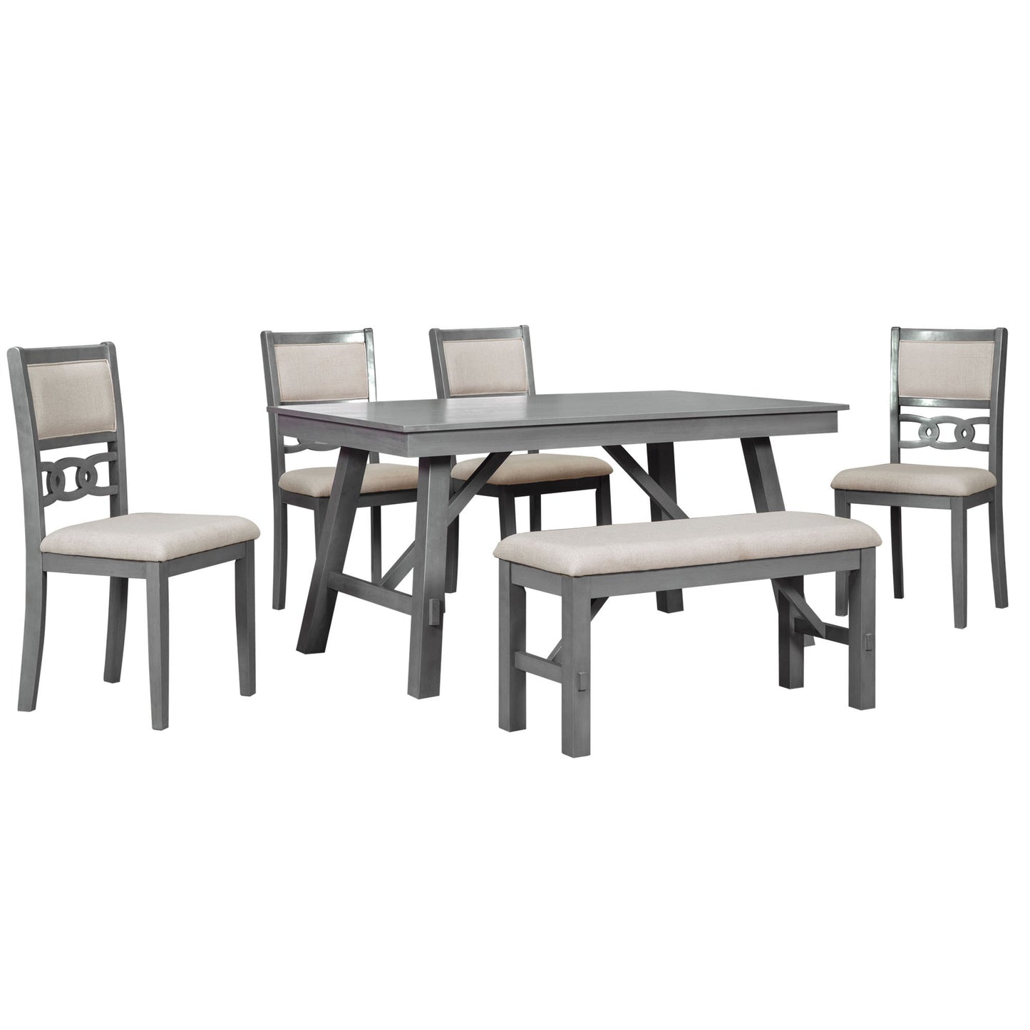 Farmhouse Solid Wood 6-Piece Dining Table Set Rectangular Kitchen Table Set with Upholstered Chairs and Bench, Gray