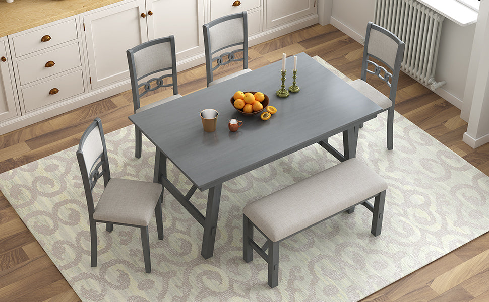 Farmhouse Solid Wood 6-Piece Dining Table Set Rectangular Kitchen Table Set with Upholstered Chairs and Bench, Gray