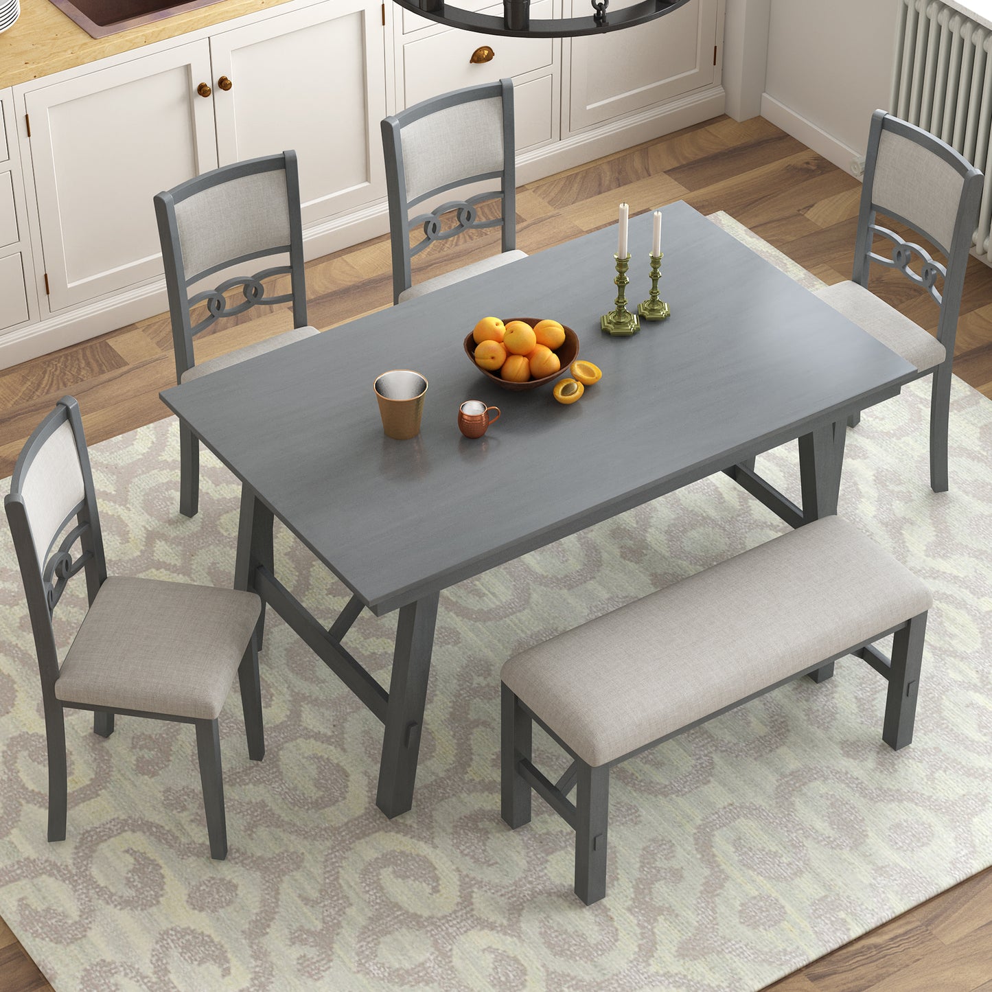 Farmhouse Solid Wood 6-Piece Dining Table Set Rectangular Kitchen Table Set with Upholstered Chairs and Bench, Gray