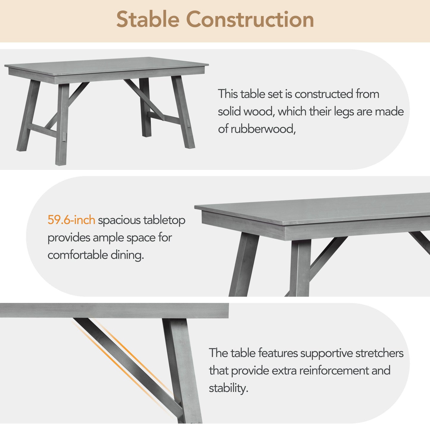 Farmhouse Solid Wood 6-Piece Dining Table Set Rectangular Kitchen Table Set with Upholstered Chairs and Bench, Gray