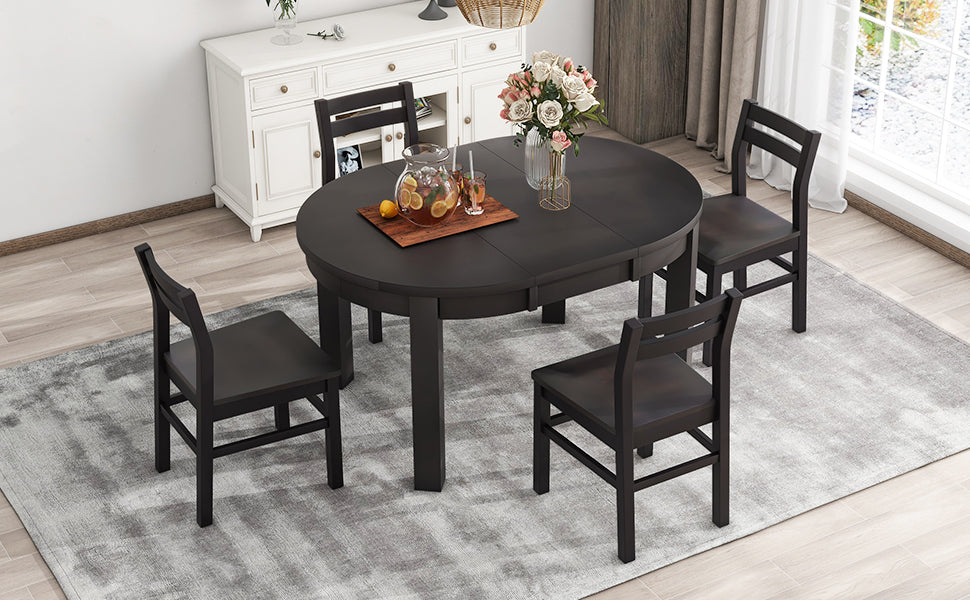 Farmhouse 5-Piece Extendable Round Dining Table Set with Storage Drawers and 4 Dining Chairs,16" Removable Leaf, Espresso