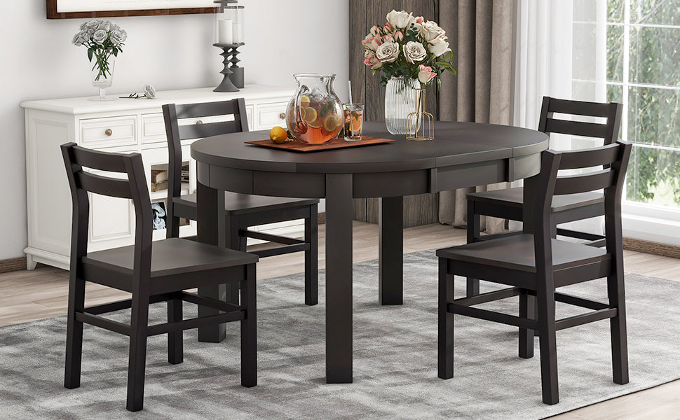 Farmhouse 5-Piece Extendable Round Dining Table Set with Storage Drawers and 4 Dining Chairs,16" Removable Leaf, Espresso